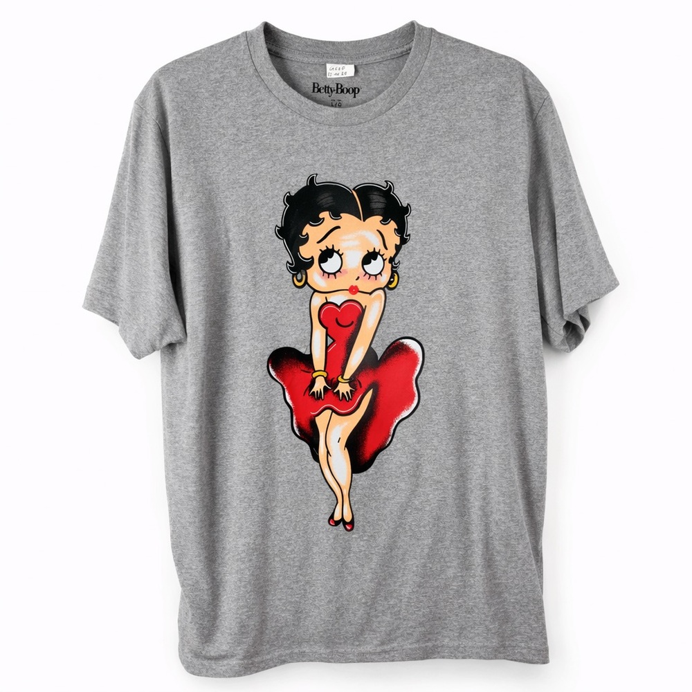 Betty Boop Large Heather Gray Graphic Tee Red Dress Pin Up Cartoon Shirt T-shirt